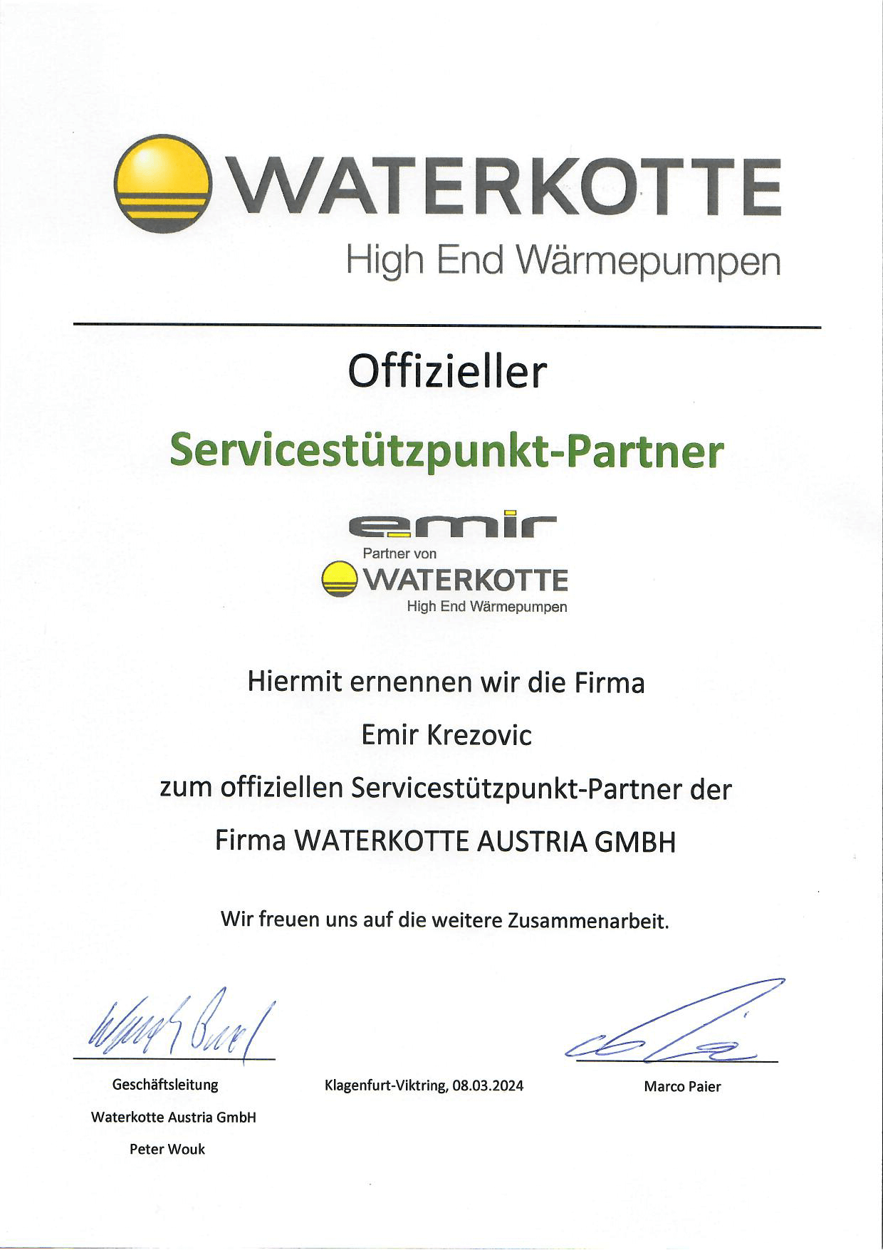 WasserKotte, High-End Wärmepumpen, offizieller Servicestützpunkt-Partner Zertifikat